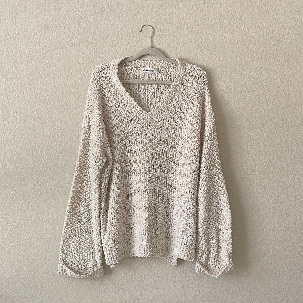 Macaron Cozy Oatmeal Cream Vneck Sweater Wide Sleeves